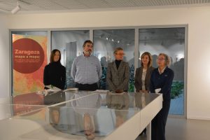 Acto inaugural. (izda. a dcha.) María del Carmen Pérez-Llantada, Vicedecana de Calidad y Profesorado de la Facultad de Filosofía y Letras; Alfonso Abecia, Director del IUCA; Pilar Pina, Vicerrectora de Política Científica; María Martínez, Directora General de Calidad Ambiental del Gobierno de Aragón; María Jesús Fernández, Jefa de la Oficina Técnica de Gobierno del Dato del Ayto de Zaragoza.